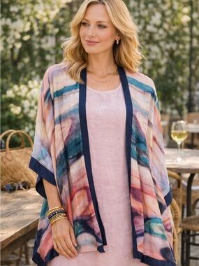 Lovely, Multicolor Watercolor Open-Front Kimono-Style Topper with Navy Trim